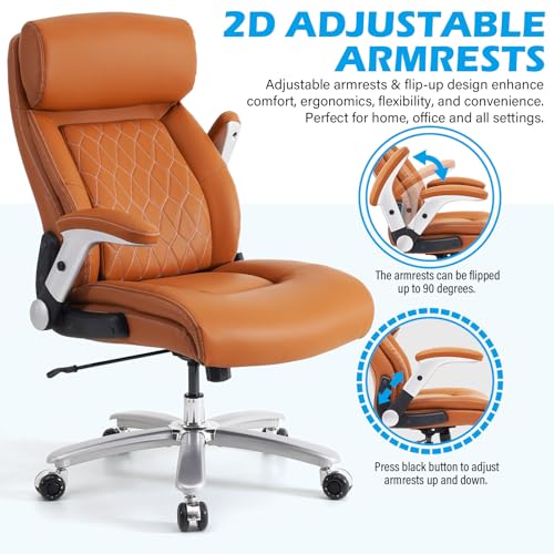 Brown Leather Executive Office Desk Chair with Adjustable Tilt Angles and Lumbar Support