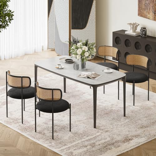 Set of 4 Farini Kitchen Chairs with Rattan Backrest and Upholstered Sherpa Seats