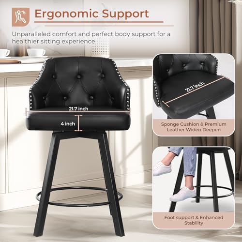 Black Leather Swivel Bar Stools Set of 2, Button Tufted Counter Height Chairs for Kitchen Island