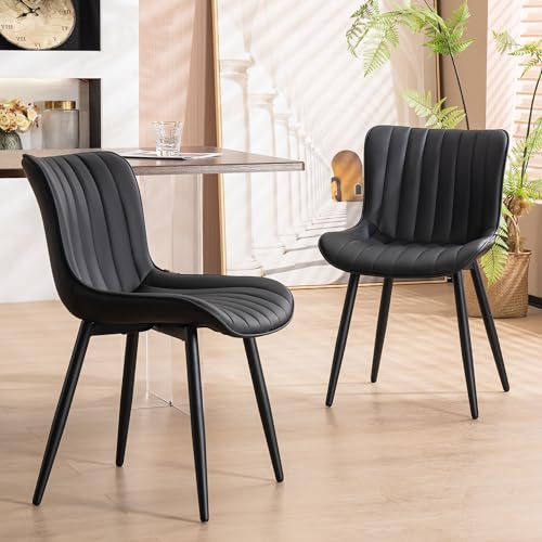 Mid Century Modern Black Upholstered Dining Chair Set of 2