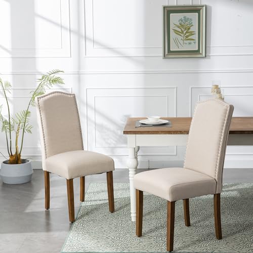 Stylish Dining Chairs with Nailhead Trim and Solid Wood Legs, Set of 2, Cream