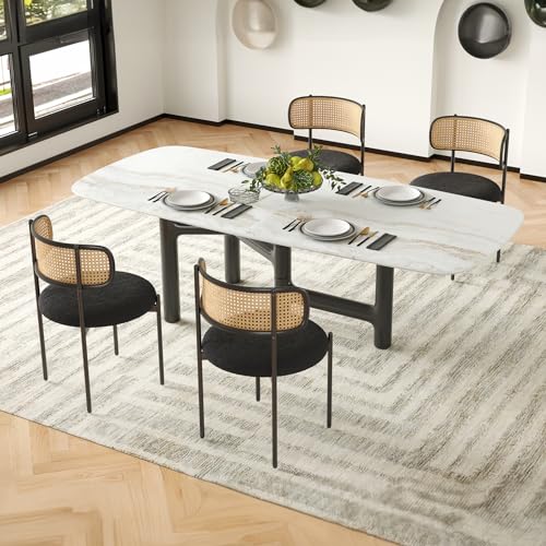 Modern Upholstered Dining Chairs Set of 4 with Rattan Back, Metal Legs - Black.