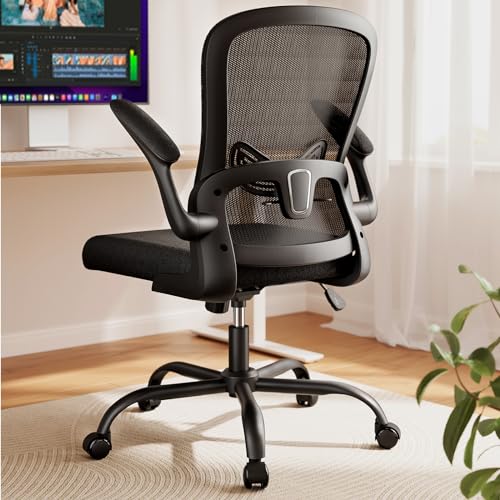 Bright Black Mesh Office Chair with Adjustable Lumbar Support and Flip-up Armrests