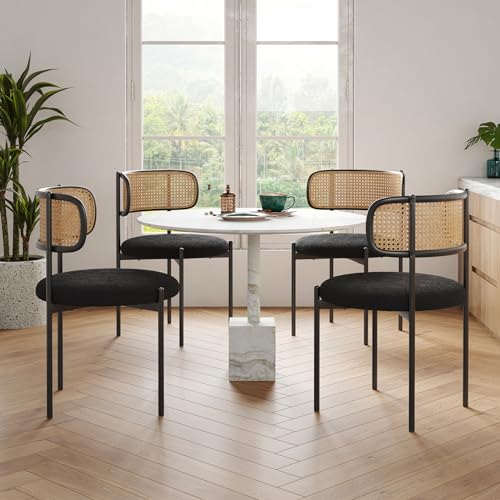 Black Upholstered Dining Chair Set of 4 with Rattan Back, Metal Legs