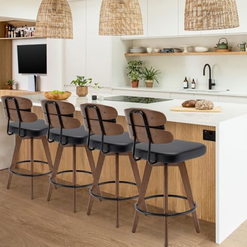 Modern Swivel Bar Stools - Set of 2, Upholstered Faux Leather, Ideal for Kitchen/Counter/Bar/Island (Walnut Black)