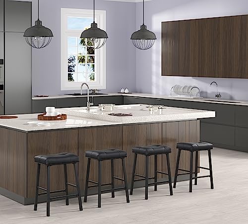 Black Saddle Bar Stools Set of 2, 24 Inch Height with Upholstered Seat - for Kitchen and Dining