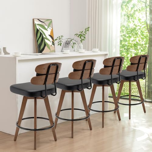 Modern Swivel Bar Stools - Set of 2, Upholstered Faux Leather, Ideal for Kitchen/Counter/Bar/Island (Walnut Black)