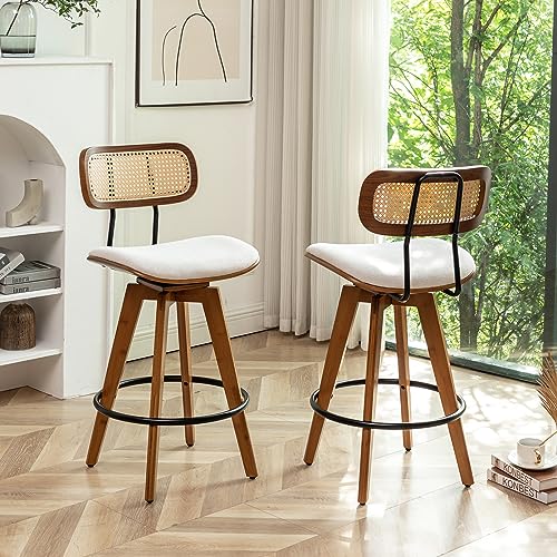 Set of 2 Rattan Bar Stools with Swivel, Linen Fabric, Armless - for Kitchen/Dining/Bar