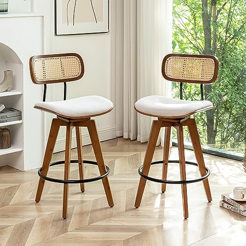 Set of 2 Rattan Bar Stools with Swivel, Linen Fabric, Armless - for Kitchen/Dining/Bar