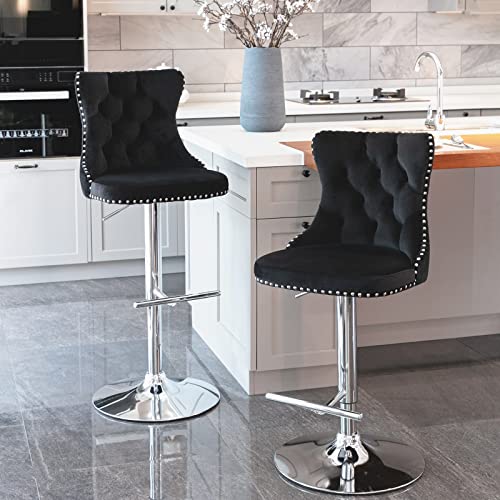 2 Adjustable Velvet Swivel Bar Stools with High Back & Nailhead Trim for Dining Room or Home Bar