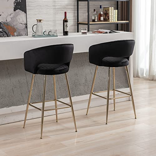 Simplified title: Set of 2 Black Velvet Bar Stools with Gold Upholstery, Modern Kitchen Island Chairs