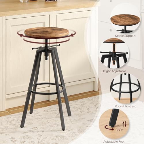 Rustic Brown & Black Height Adjustable Industrial Bar Stools, Set of 2