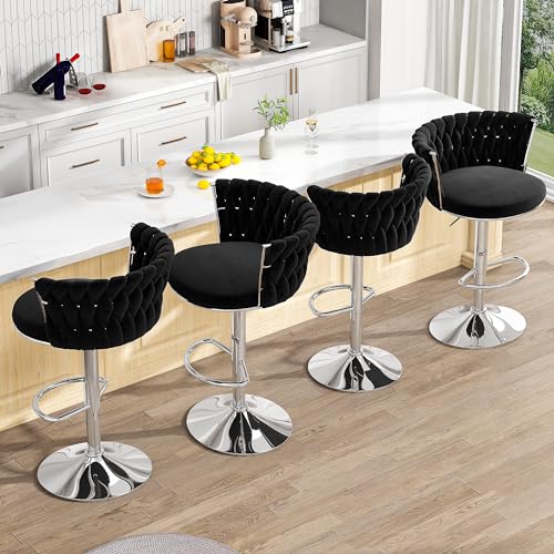 Velvet Swivel Bar Stools Set of 2 for Kitchen Island, Black