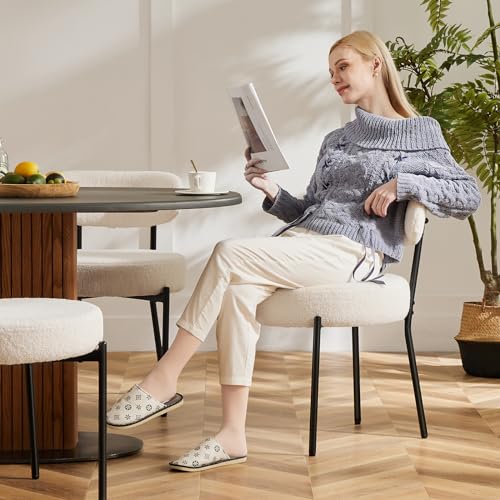 Modern Beige Dining Chairs: Set of 2, Boucle Upholstered, Curved Backrest, Metal Legs - Ideal for Vanity and Living Room