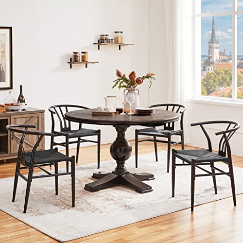 Mid-Century Black Rattan Dining Chairs Set of 4 for Kitchen and Living Room