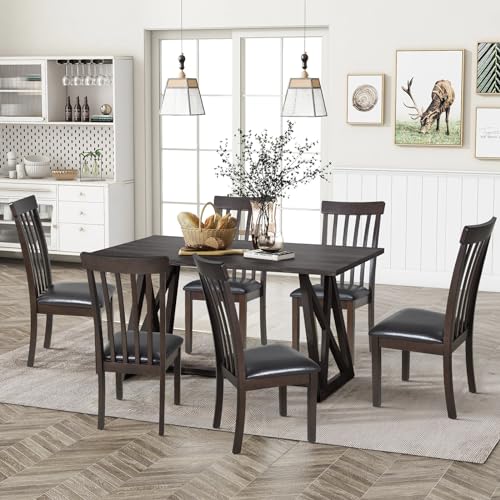 Dark Brown Wooden Dining Chair Set with Leather Upholstery