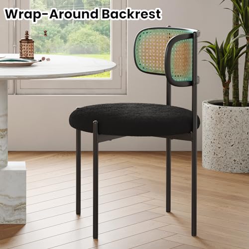 Modern Upholstered Dining Chairs Set of 4 with Rattan Back, Metal Legs - Black.