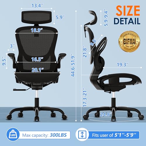 Ergonomic Mesh Office Chair with Adjustable Armrest and Headrest - Black Swivel Task Chair for Office, Business, Student