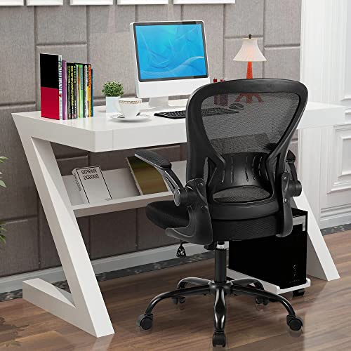 Ergonomic Mesh Office Chair with Flip-up Arms and Lumbar Support, Height Adjustable - Black