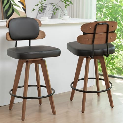 Modern Swivel Bar Stools - Set of 2, Upholstered Faux Leather, Ideal for Kitchen/Counter/Bar/Island (Walnut Black)