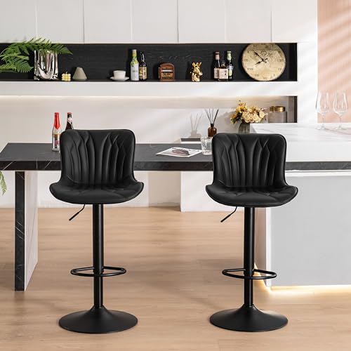 2 Black Swivel Bar Stools with Back, Adjustable Height - 24 inch Counter Stools for Kitchen Island