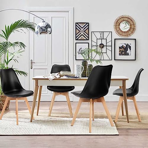 Mid-Century Modern Dining Chairs with Wood Legs and PU Leather Cushion - Set of 4, Black