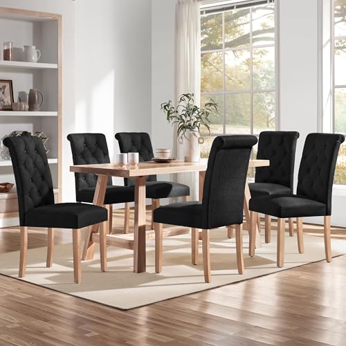 Stylish Set of 6 Upholstered Dining Chairs with Solid Wood Legs for Home (Black)