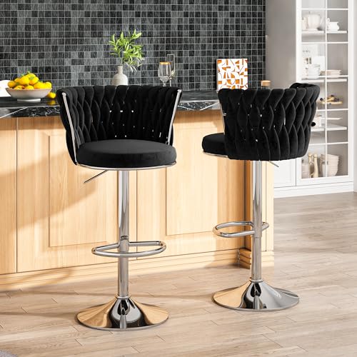 Velvet Swivel Bar Stools Set of 2 for Kitchen Island, Black