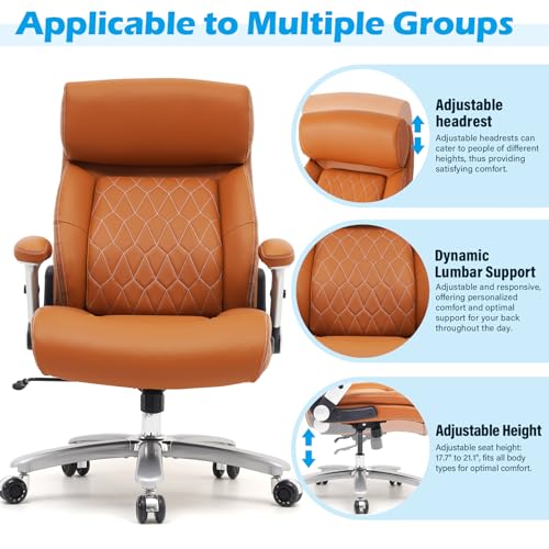 Brown Leather Executive Office Desk Chair with Adjustable Tilt Angles and Lumbar Support