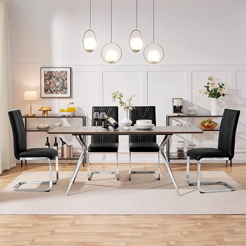 Modern Black Faux Leather Dining Chairs Set of 2 for Dining Room and Kitchen