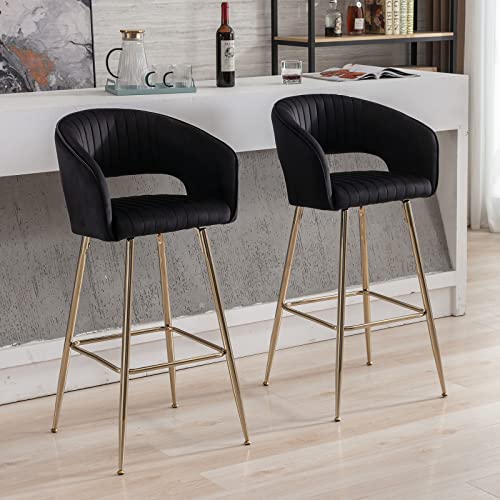 Simplified title: Set of 2 Black Velvet Bar Stools with Gold Upholstery, Modern Kitchen Island Chairs