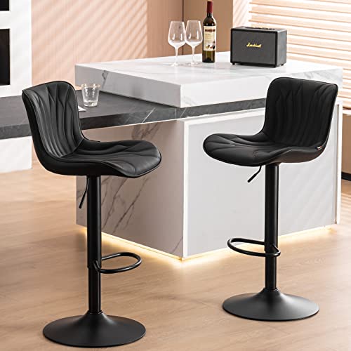 2 Black Swivel Bar Stools with Back, Adjustable Height - 24 inch Counter Stools for Kitchen Island
