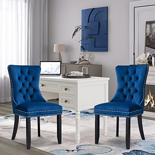 Velvet Dining Chairs Set of 2, Modern Upholstered Tall Back Chairs with Button Back Ring (Blue)