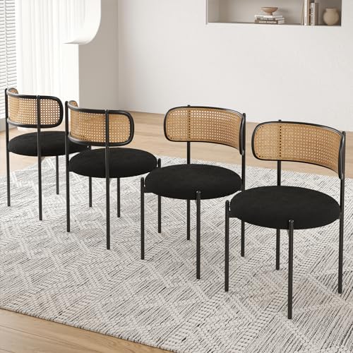 Modern Upholstered Dining Chairs Set of 4 with Rattan Back, Metal Legs - Black.