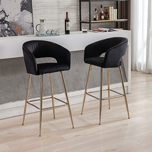 Simplified title: Set of 2 Black Velvet Bar Stools with Gold Upholstery, Modern Kitchen Island Chairs