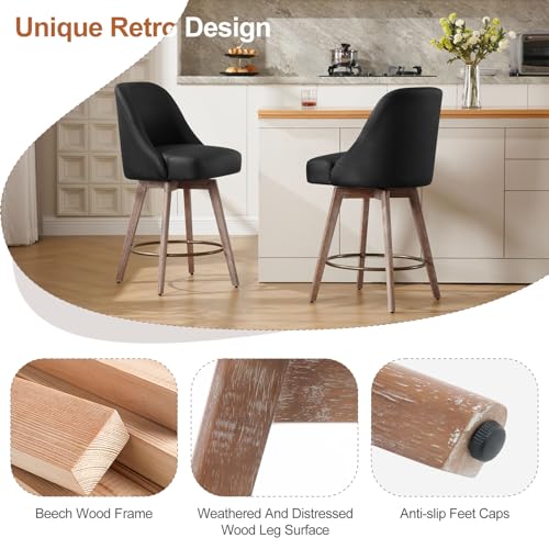 3-Piece Set of Mid-Century Bar Stools with Swivel and Back, 26 Inch Seat Height, Black PU Leather Upholstery - For Kitchen Island, Bar, Pub