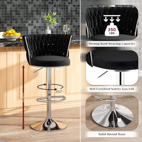 Velvet Swivel Bar Stools Set of 2 for Kitchen Island, Black