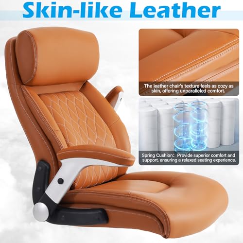Brown Leather Executive Office Desk Chair with Adjustable Tilt Angles and Lumbar Support