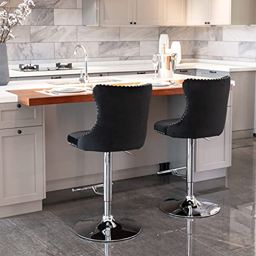 2 Adjustable Velvet Swivel Bar Stools with High Back & Nailhead Trim for Dining Room or Home Bar