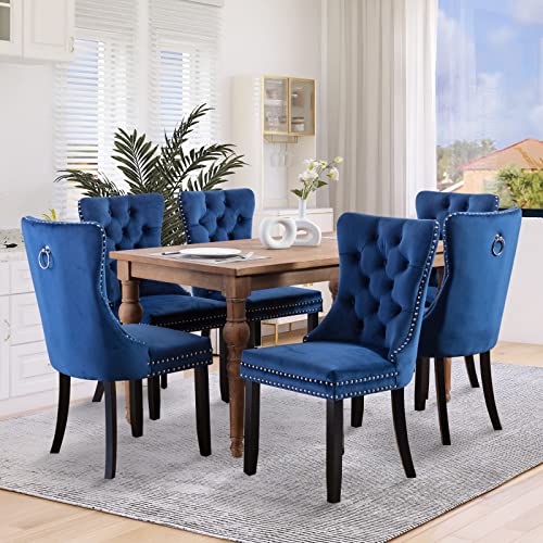 Velvet Dining Chairs Set of 2, Modern Upholstered Tall Back Chairs with Button Back Ring (Blue)