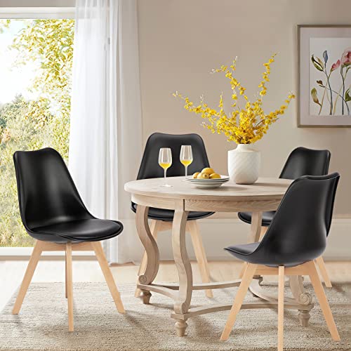 Set of 4 Mid-Century Modern Dining Chairs with PU Leather Cushion and Wood Legs, Black - For Dining, Living Room, Bedroom, and Outdoor Lounge