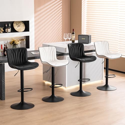 2 Black Swivel Bar Stools with Back, Adjustable Height - Kitchen Island Counter Stools