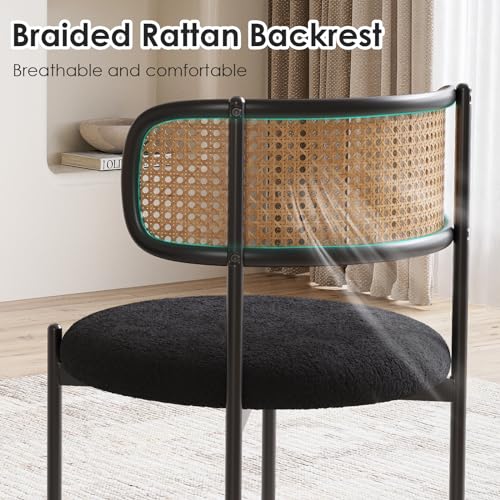 Set of 4 Farini Kitchen Chairs with Rattan Backrest and Upholstered Sherpa Seats