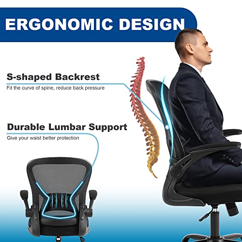 Ergonomic Mesh Office Chair with Flip-up Arms and Lumbar Support, Height Adjustable - Black