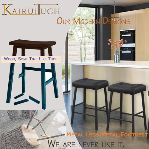 Black Saddle Bar Stools Set of 2, 24 Inch Height with Upholstered Seat - for Kitchen and Dining