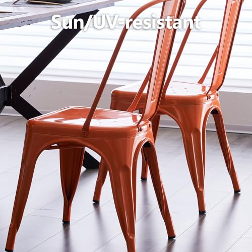 Metal Dining Chair Set for Kitchen, Dining Room, Café, Restaurant, Bistro, Patio - 18 Inch, Stackable, Waterproof Indoor/Outdoor - Set of 4 (Orange, Steel Seat)