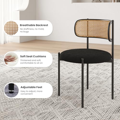 Modern Upholstered Dining Chairs Set of 4 with Rattan Back, Metal Legs - Black.