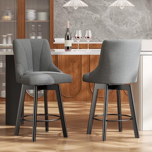 Dark Gray Fabric Upholstered Swivel Bar Stools for Kitchen Island - Set of 2