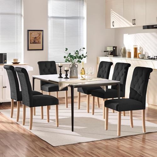 Stylish Set of 6 Upholstered Dining Chairs with Solid Wood Legs for Home (Black)