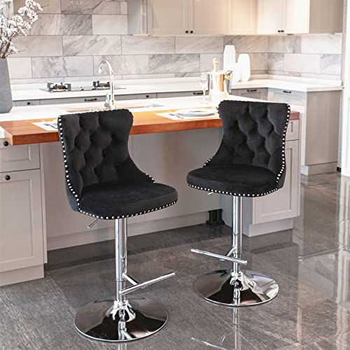 2 Adjustable Velvet Swivel Bar Stools with High Back & Nailhead Trim for Dining Room or Home Bar